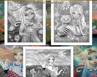 Set of 3 Alice in Wonderland GRAYSCALE Printable Instant Download Coloring Pages by Molly Harrison -  Coloring Pages, Adult Coloring