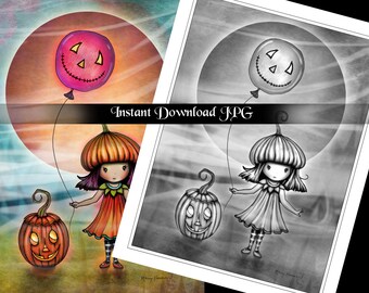 Whimsical Pumpkin Girl - Grayscale Coloring Page - Molly Harrison - Printable Instant Download - Halloween Coloring Pages