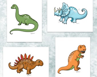 Set of 4 Dinosaurs - Instant Download Hand Drawn Printable Dinosaur Artwork by Molly Harrison - Boys Room Nursery