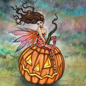 Pixie of Halloween Fairy with Jack-o-Lantern Art Print by Molly Harrison