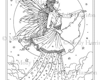 Celestial Goddess - Coloring Page - Printable - Fantasy Fairy Art - Molly Harrison Fantasy Art - Digistamp - Digi Stamp, fairies, faery