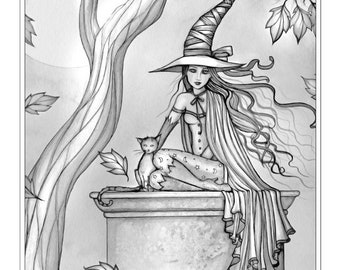 Agnes and Smoke Witch and Cat - Grayscale Coloring Page - Molly Harrison - Printable Instant Download - Halloween Coloring Pages