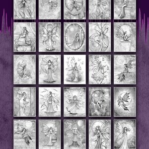 Puede incluir: Una colecci&oacute;n de 25 ilustraciones en blanco y negro de hadas con alas, flores y lunas. El texto "25 Pages to Color!" est&aacute; en la parte superior de la imagen. El texto "www.mollyharrisonart.com" y "&copy; Molly Harrison 2018" est&aacute; en la parte inferior de la imagen.