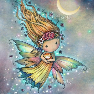 Whimsical Fairy with Orange Tabby Kitten  Fine Art Print by Molly Harrison