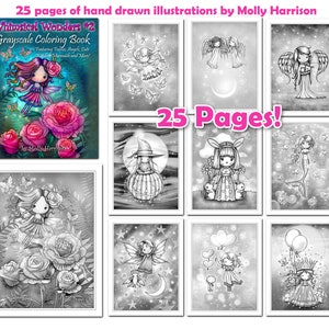 Instant Download - Whimsical Wonders #2 -  A Grayscale Coloring Book for Adults and All Ages - Sweet Fairies, Mermaids, Witches and More