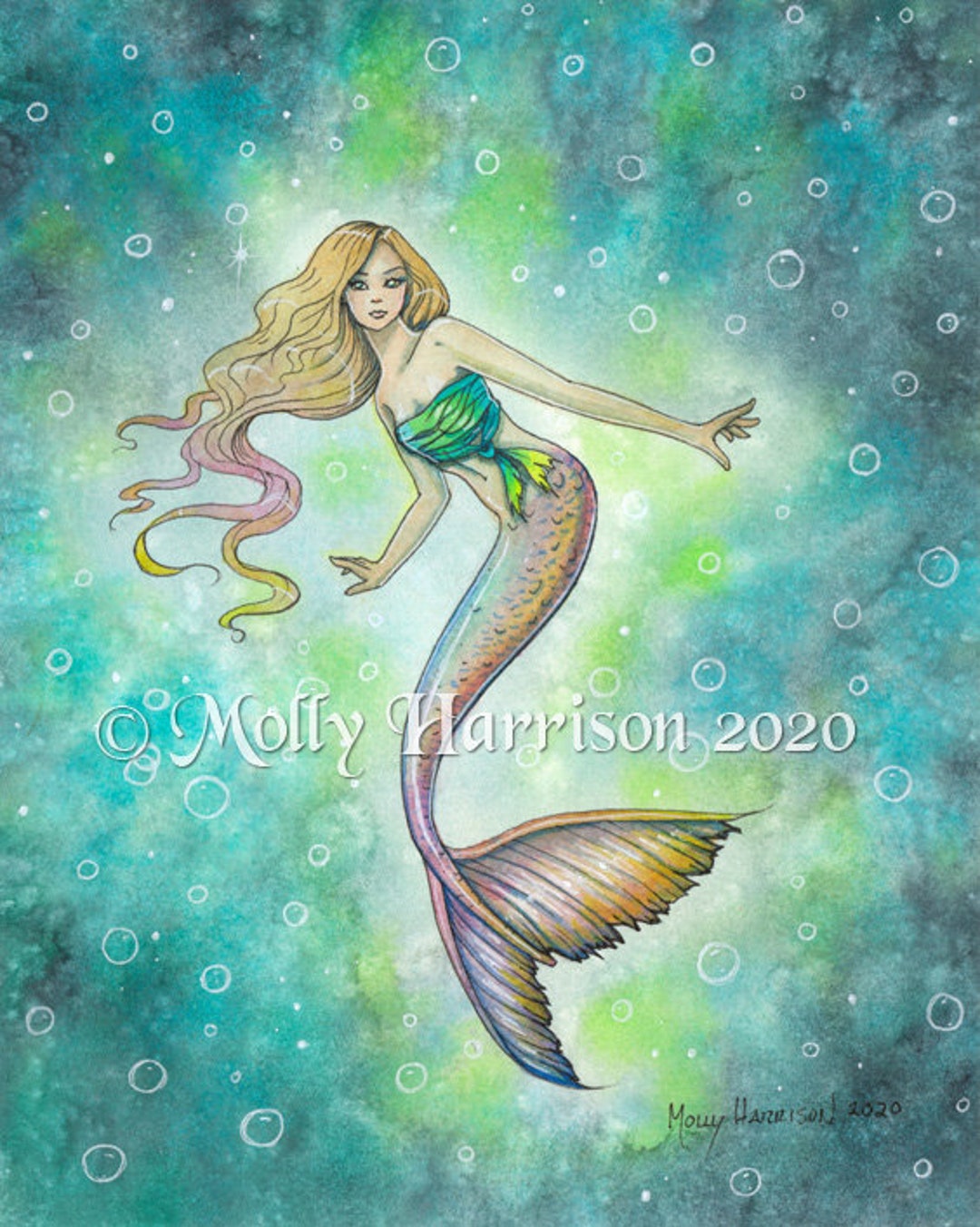 Among Bubbles Mermaid Fantasy Art Archival Print by Molly Harrison