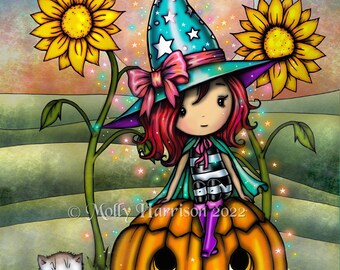 Whimsical Witch with Two Kittens Print - Little Witch with Orange Tabby Halloween Art by Molly Harrison