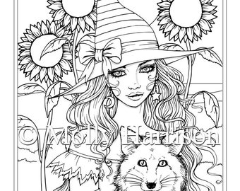 Witch with Wolf - Instant Download - Printable - Halloween - Molly Harrison Fantasy Art - Coloring Page JPG - 8.5 x 11