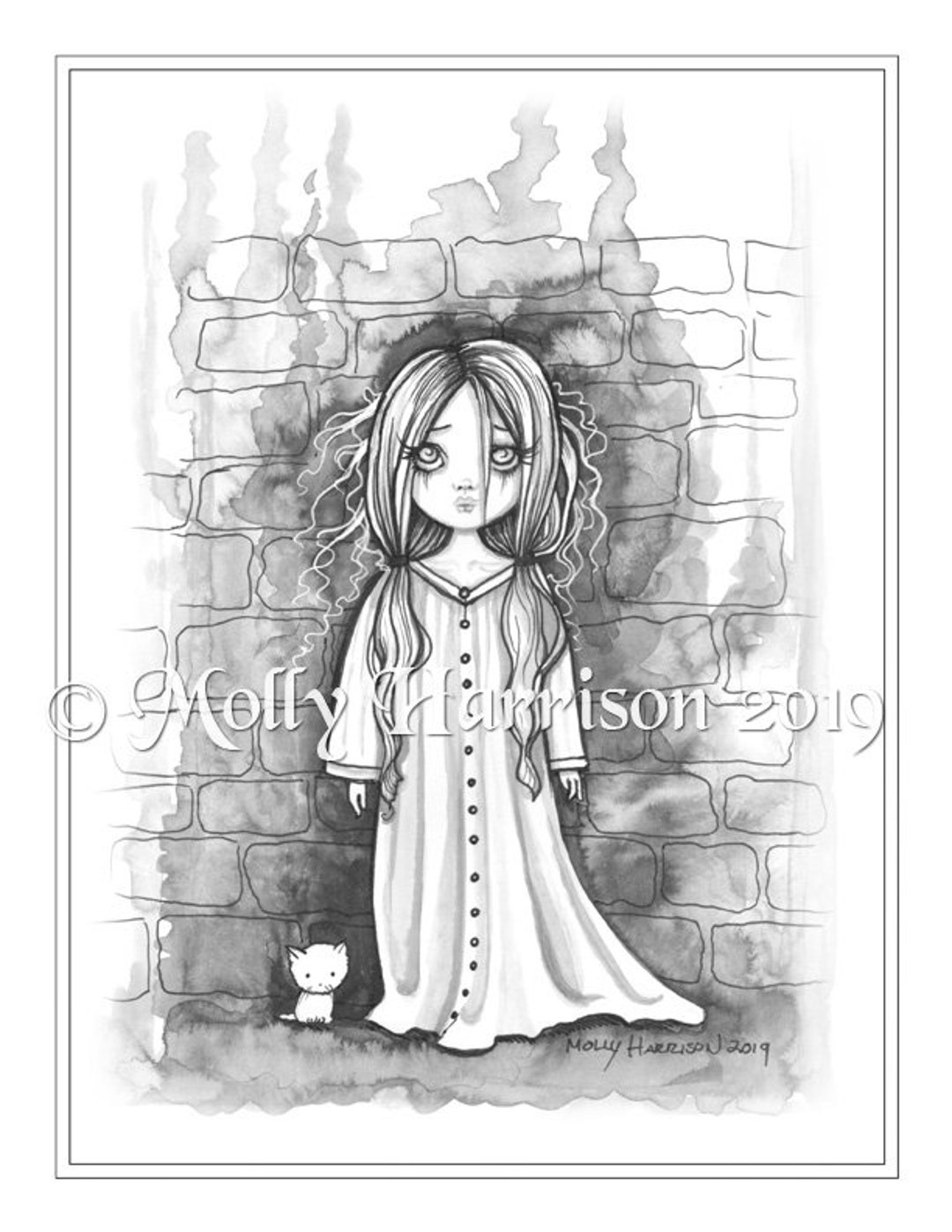 Little Ghost Girl Grayscale Coloring Page Printable Girl and Tiny