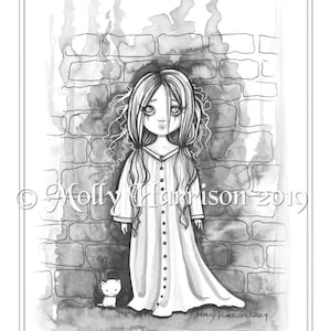 Little Ghost Girl - Grayscale Coloring Page - Printable - Girl and Tiny Kitten - Molly Harrison - Instant Download - Halloween