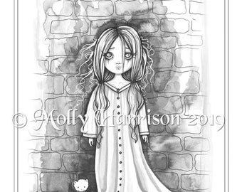 Little Ghost Girl - Grayscale Coloring Page - Printable - Girl and Tiny Kitten - Molly Harrison - Instant Download - Halloween