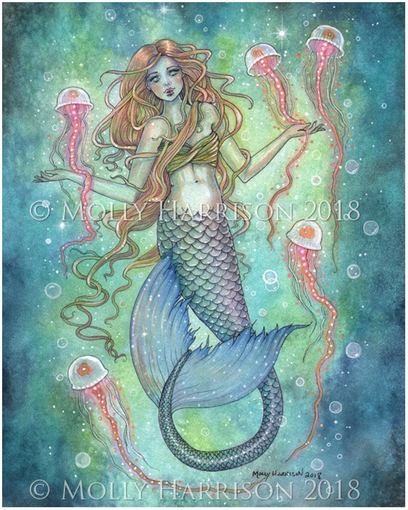 Fantasy Fine Art Print by Molly Harrison The Jellies Mermaid Art Print Mermaid and Jellyfish