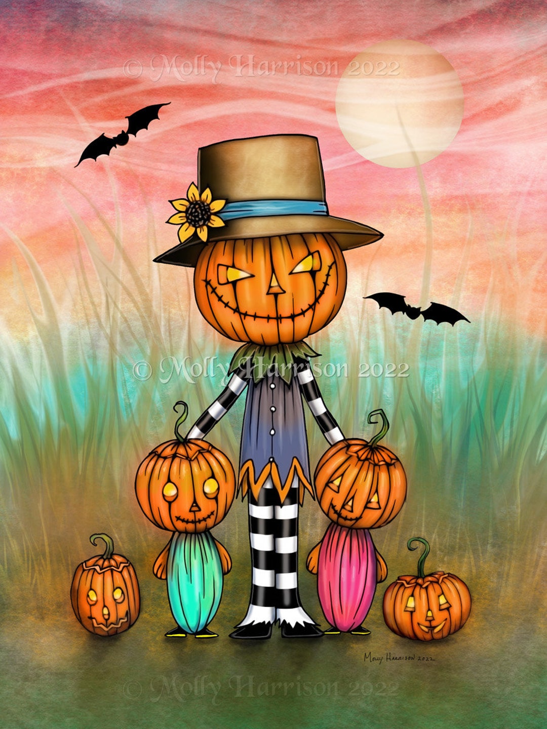 Pumpkin People Cute Autumn Scene Archival Art Print image