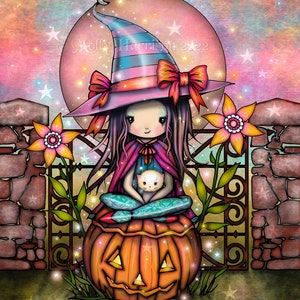 Blushing Moon Whimsical Witch with White Cat Print -  Halloween Art by Molly Harrison