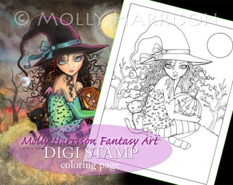 Halloween Hill - Digital Stamp - Printable - Halloween Witch and Cat - Fantasy Art - Digi stamp Coloring Page JPG - 8.5 x 11
