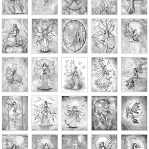 Puede incluir: Una colecci&oacute;n de 25 ilustraciones en blanco y negro de hadas con alas, flores y lunas. Las hadas est&aacute;n dibujadas en un estilo caprichoso con detalles intrincados.