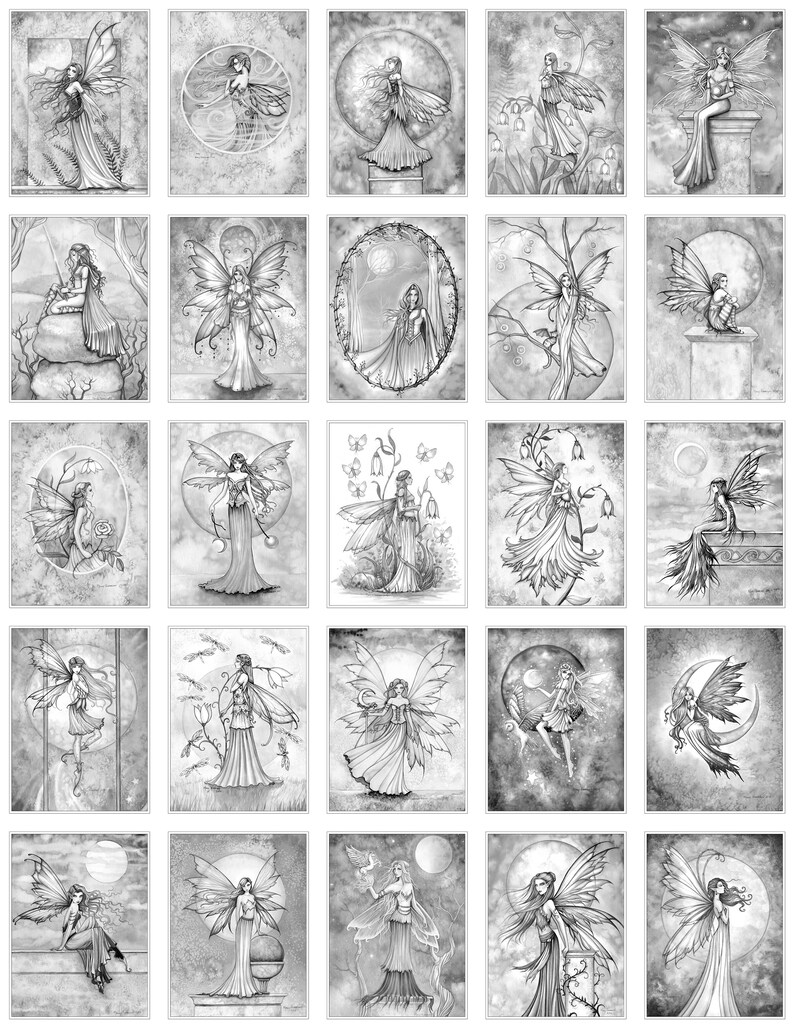 Puede incluir: Una colecci&oacute;n de 25 ilustraciones en blanco y negro de hadas con alas, flores y lunas. Las hadas est&aacute;n dibujadas en un estilo caprichoso con detalles intrincados.