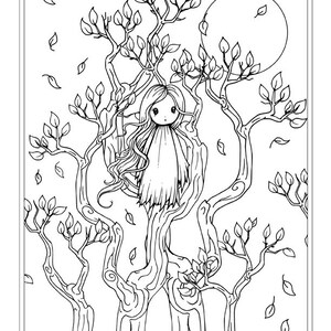 Little Ghost in the Trees Coloring Page - Line Art - Whimsical World by Molly Harrison Fantasy Art