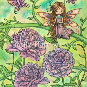 Peony Fairy - 9 x 12 Original Watercolor and Mixed Media Painting - Fantasy Art by Molly Harrison -