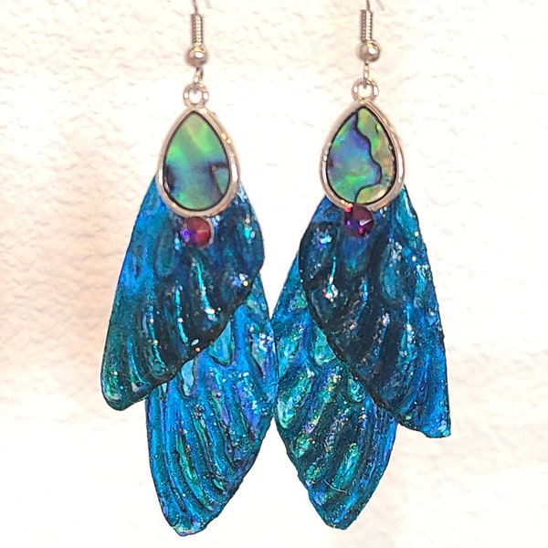 Dangle Fairy Wing Earrings - Dark Blue with Abalone Accents - Shimmery Sparkly Boho Cicada Wing Earrings