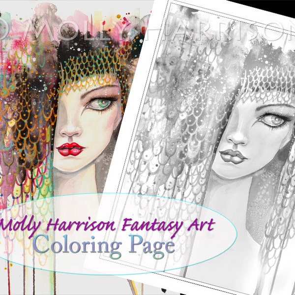 Secrets - Coloring Page - Printable - Abstract Fantasy Woman - Molly Harrison - boho, urban, art, contemporary, woman