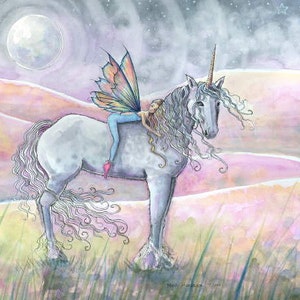 Hills of Enchantment - Magical Unicorn and Fairy Archival Print -  Fantasy art by Molly Harrison