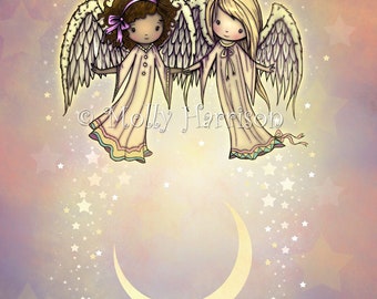 Whimsical Angel Friends In the Stars and Crescent Moon - Cute angels - Molly Harrison Art