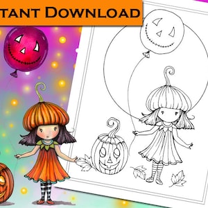 Little Pumpkin Girl - Digital Stamp - Printable - Molly Harrison Fantasy Art - Digi Stamp / Coloring Page - Instant Download