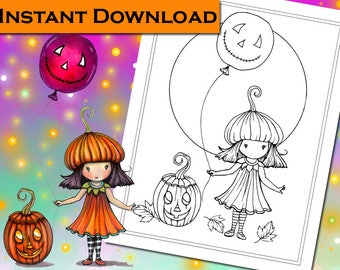 Little Pumpkin Girl - Digital Stamp - Printable - Molly Harrison Fantasy Art - Digi Stamp / Coloring Page - Instant Download