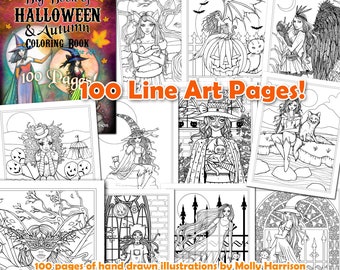 Halloween & Autumn Coloring Book – 100 Line Art Pages (Digital Download)