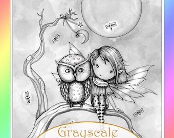 Little Fairy with Owl  GRAYSCALE - Printable Coloring Page -  Sweet Whimsical Fairies - Molly Harrison Fantasy Art - Instant Download