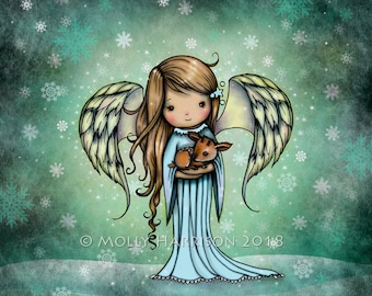 Whimsical Angel Holding Fawn - Cute Angel and Deer Print by Molly Harrison Fantasy Art