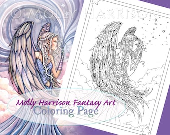 Angel Coloring Page - Fantasy Art Illustration - Téléchargement instantané imprimable - Page de coloriage adulte - Ange de Noël - Fée, anges