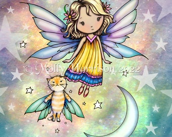 Floating #2 Sweet Fairy and Orange Tabby Cat among Stars and Moon -  Whimsical Art by Molly Harrison