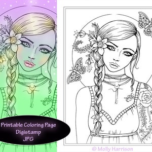 Boho Tattoo Girl with Butterfly - Instant Download - JPG Digistamp - Coloring Page - Fantasy Coloring Pages - Molly Harrison Fairy Art