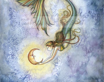 Mermaid Art Print - Deep Sea Moon - Watercolor Fantasy Art by Molly Harrison - Fine Art Archival Print