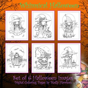 Whimsical Halloween Set of 6 Digital Coloring Pages - Molly Harrison - Witches and a Vampire - Cute, Coloring, Digi stamps Fantasy Art