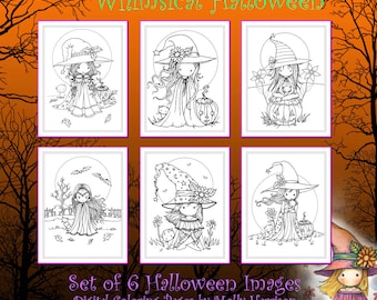 Whimsical Halloween Set of 6 Digital Coloring Pages - Molly Harrison - Witches and a Vampire - Cute, Coloring, Digi stamps Fantasy Art