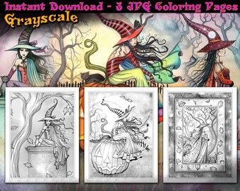 Printable- Set of 3 Halloween Witch GRAYSCALE Coloring Pages - JPG Format - Digistamps - Coloring Fun