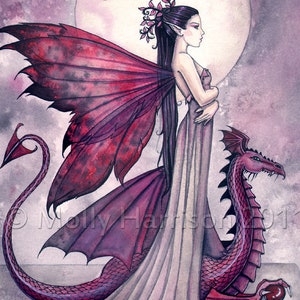 Crimson Twilight - Fairy and Dragon Fantasy Art - Watercolor Archival Print by  Molly Harrison