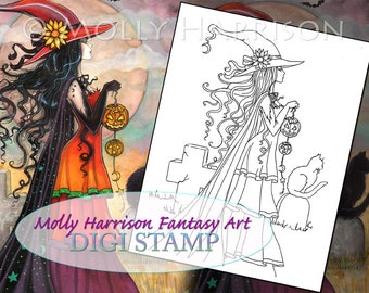 Witch Way - Digital Stamp - Printable - Halloween Witch and Cat - Molly Harrison Fantasy Art - Digi stamp Coloring Page JPG - 8.5 x 11