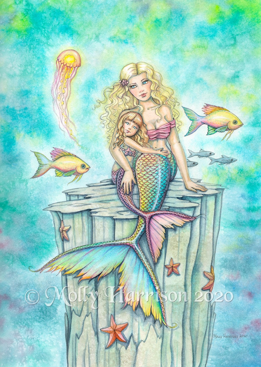 Mermaid Art Print – Gisele and Mommy, Watercolor Paper - Etsy