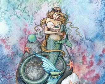 Mermaid Print - Love Eternal Mermaid Mother and Baby Fine Art Print by Molly Harrison