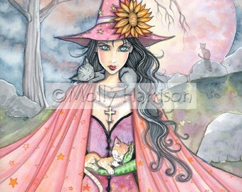 Cute Witch Cat Watercolor Giclee Print by Molly Harrison 'Cat Lover'  Fantasy Wiccan Art