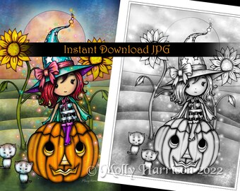 Whimsical Witch with Two Kittens - Grayscale Coloring Page - Molly Harrison - Printable Instant Download - Halloween Coloring Pages