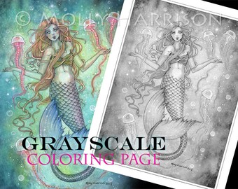 The Jellies - Instant Download Printable Mermaid and Jellyfish GRAYSCALE coloring page by Molly Harrison - 8.5 x 11 JPG file