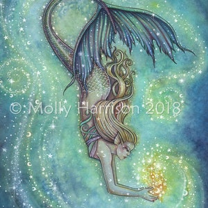 Mermaid Print - Celestial Sea Mermaid Fine Art Print  - Watercolor Painting, Archival Print, Mermaids, Fantasy Art