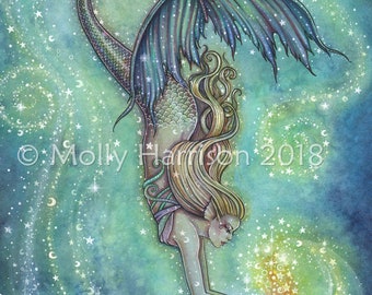 Mermaid Print - Celestial Sea Mermaid Fine Art Print  - Watercolor Painting, Archival Print, Mermaids, Fantasy Art