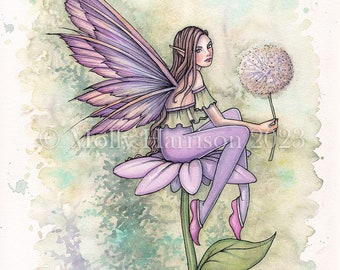 Make a Wish Fairy with Dandelion Watercolor Print - Fantasy Art by Molly Harrison - Archival Print on Textured Paper