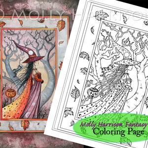 Mystic Witch - Digital Stamp - Printable - Halloween Witch and Cat - Fantasy Art - Digi stamp Coloring Page JPG - 8.5 x 11